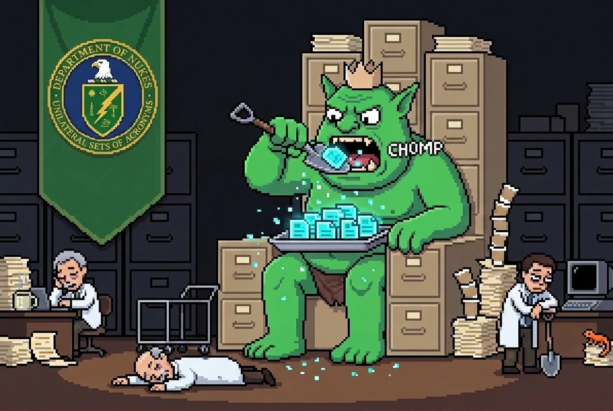 Crowned on its filing-cabinet throne beneath the Department of Nukes banner, the ogre shovels glowing digital documents into its mouth with a CHOMP while exhausted scientists slump beside coffee mugs and a tower of empty cups.