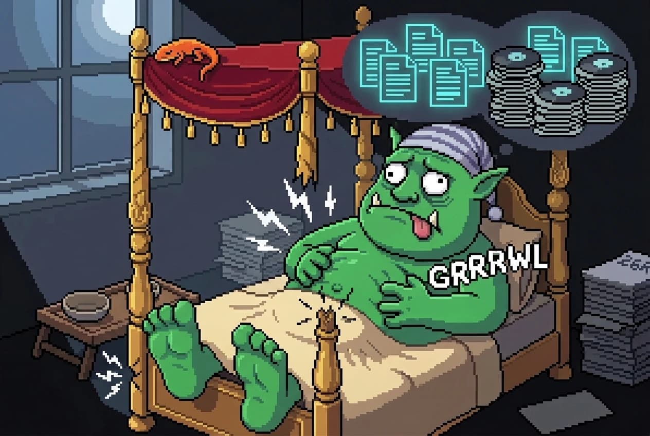 The ogre, in a striped nightcap, lies crammed into a tiny ornate four-poster bed whose legs are cracking, clutching its growling belly with a GRRRWL; a thought bubble overflows with glowing records, and a newt sleeps on the canopy.